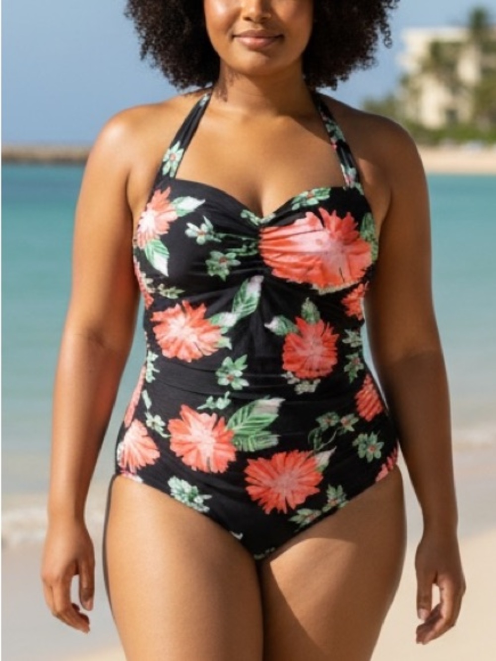 Black Multicolored Floral Retro Tropical Halter One Piece Slimming Swimsuit